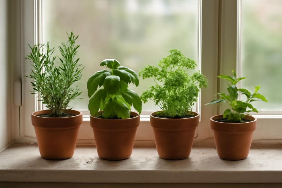 Windowsill with small potted herbs bathed in soft morning light