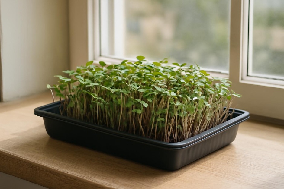 Tray of mixed microgreens on a sunny windowsill