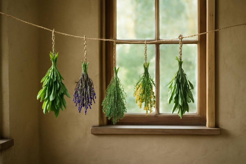 Bundles of herbs and small flowers drying on twine by a sunlit window