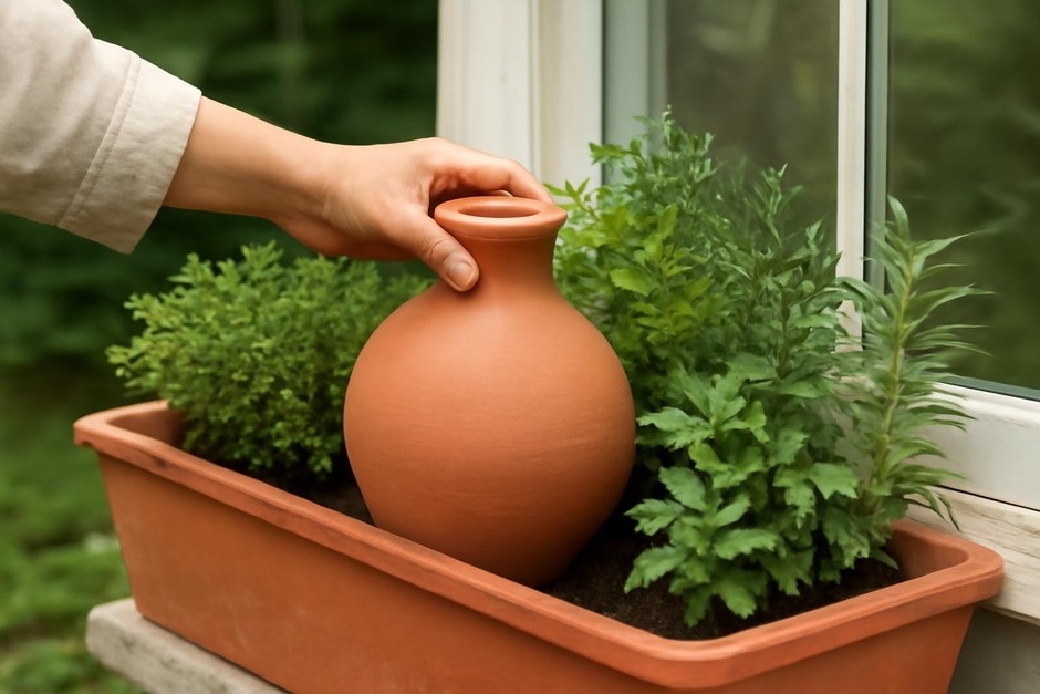 Terracotta olla being placed in a window herb box