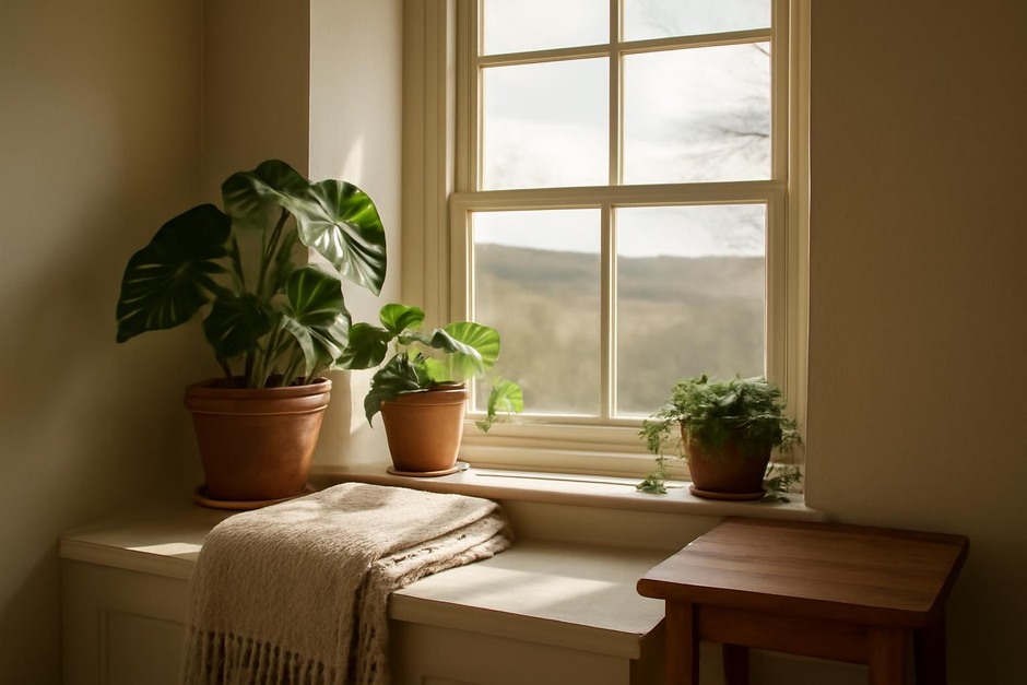 A sunlit window nook with potted plants, a folded blanket and a small wooden table