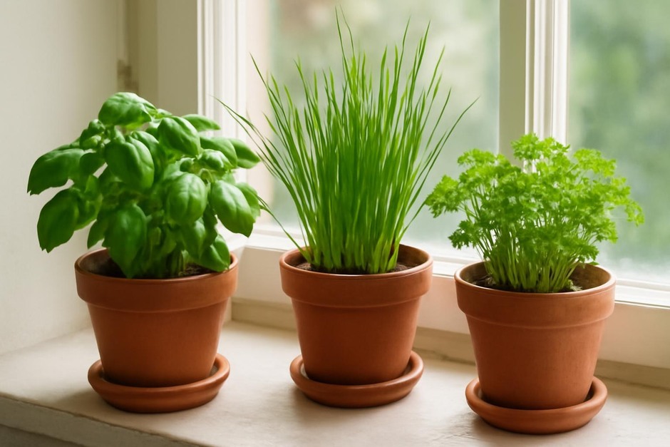 Small pots of basil, chives and parsley on a sunny windowsill